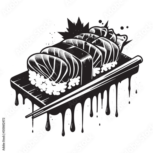 Monochrome stencil sashimi plate with dripping ink effect and gr