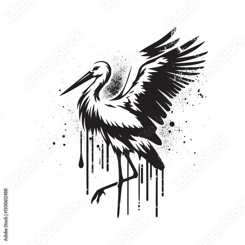 Monochrome stork stencil art with dripping paint effect and grun
