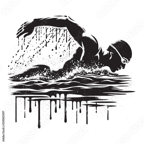 Monochrome swimmer artwork with grunge textures and spray paint