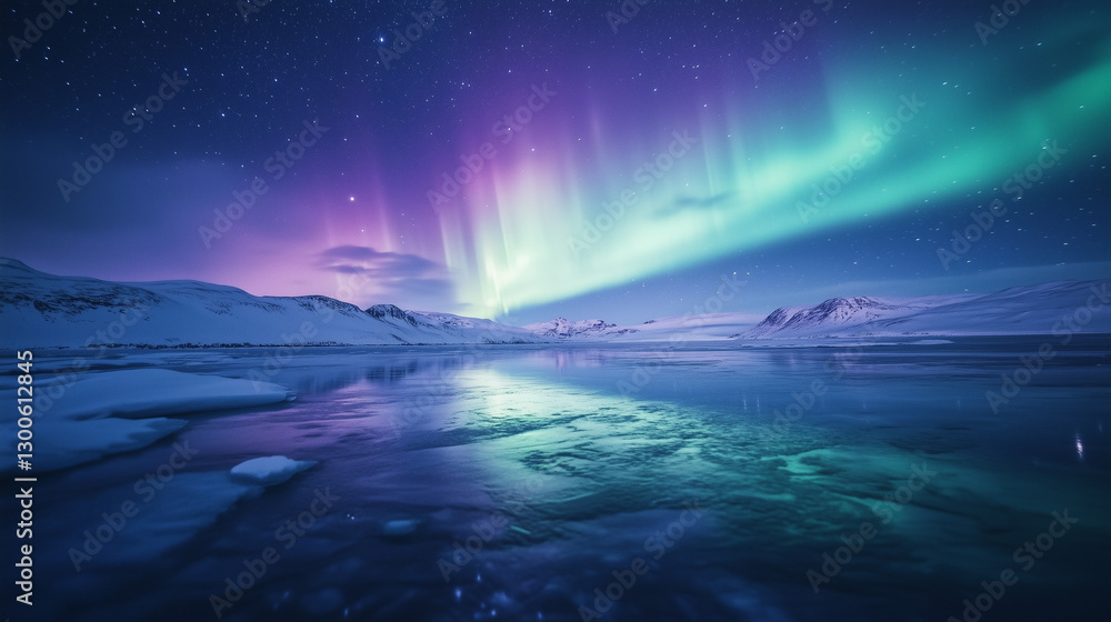 Naklejka premium Surreal Arctic landscape illuminated by vibrant aurora borealis, with a mirror-like frozen lake reflecting mesmerizing pink and green lights