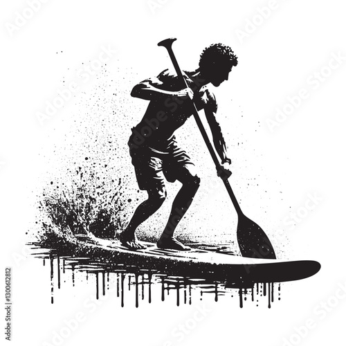 Monochrome Illustration of Man Paddleboarding in Graphic Splash