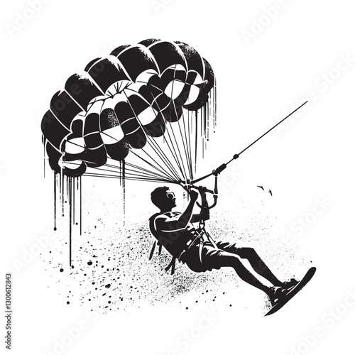 Thrilling monochrome watersport sketch: Man parasailing above wa