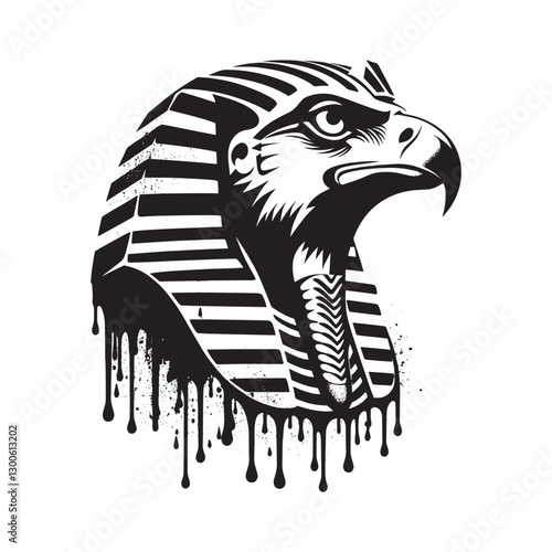 Monochrome illustration of an Egyptian falcon god with dripping