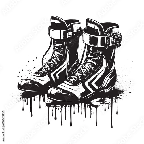Dramatic monochrome illustration of stylized, laced, buckled pai