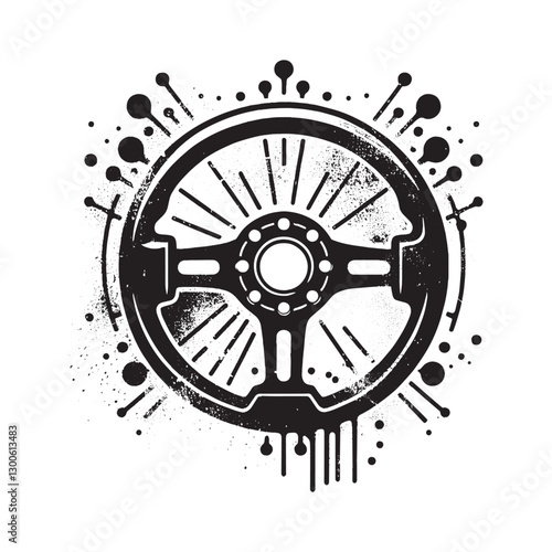 Monochrome Automotive Steering Wheel Illustration with Grunge El