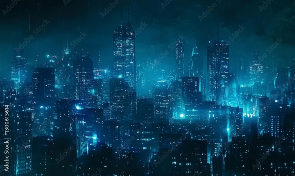 Abstract digital technology background with blue glowing city lights and dark night sky Abstract digital technology background with blue glowing city lights and dark night sky