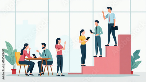 Colleagues discussing business ideas, teamwork and collaboration in a modern office setting