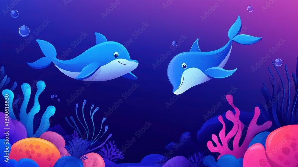 Fototapeta premium Playful Dolphins Swimming Among Colorful Corals