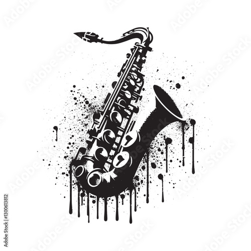 Saxophone symphony in monochrome stencil style with grunge textu