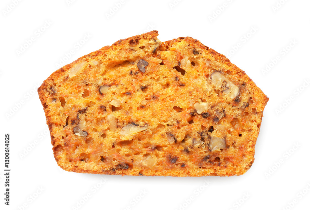 Piece of homemade carrot cake with nuts isolated on white, top view Piece of homemade carrot cake with nuts isolated on white, top view