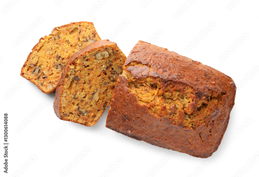 Cut homemade carrot cake with nuts isolated on white, top view Cut homemade carrot cake with nuts isolated on white, top view