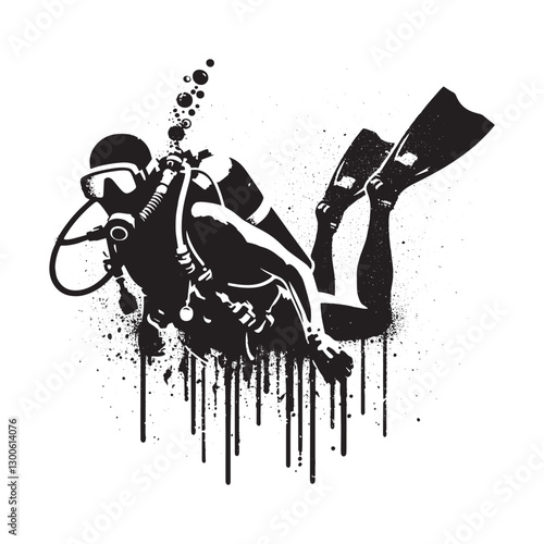 Stencil Scuba Diver Illustration with Grunge and Dripping Paint