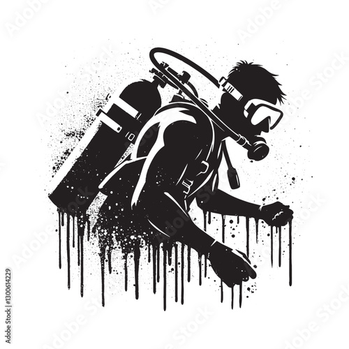 Stylized scuba diver silhouette with dripping grunge effect illu