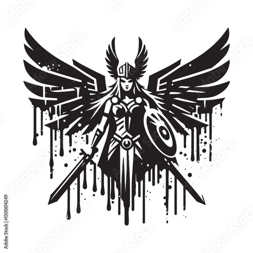 Stylized valkyrie illustration in stencil art with dripping spra