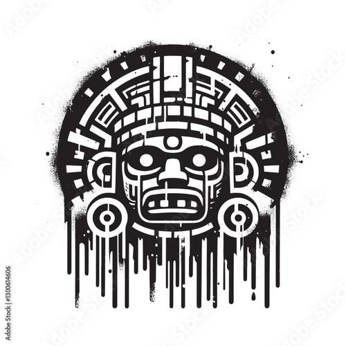 Tlaloc's visage an Aztec deity rendered in stark stencil, drippi
