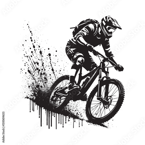 Trailblazing Rider, Stencil Art of Mountain Biking with Grunge a