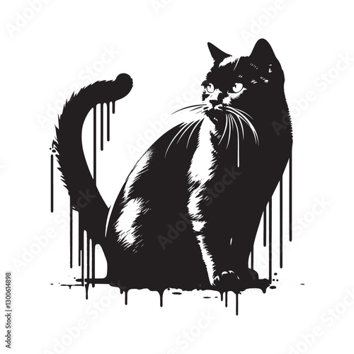 Urban feline stencil art, A dripping monochrome shorthair portra