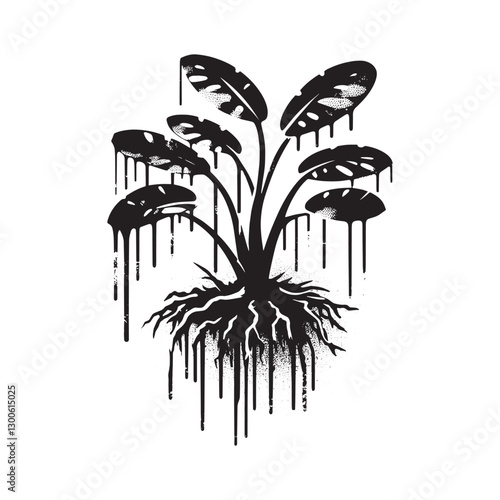 Vintage Saprophyte Plant Art with Dripping Paint in a Grunge Sty