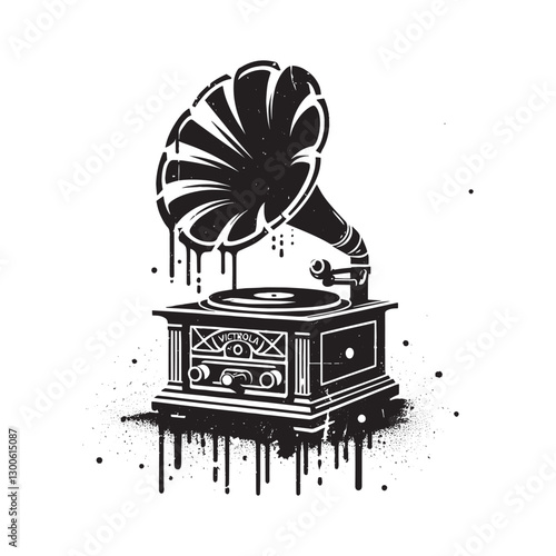 Victrola Phonograph in Grunge Stencil Style with Dripping Paint
