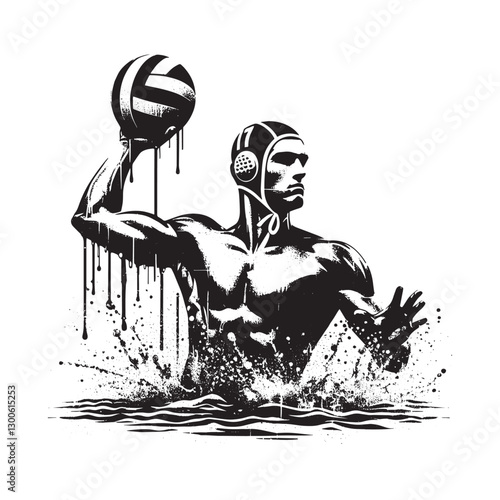 Monochrome depiction of water polo athlete with ball mid-action