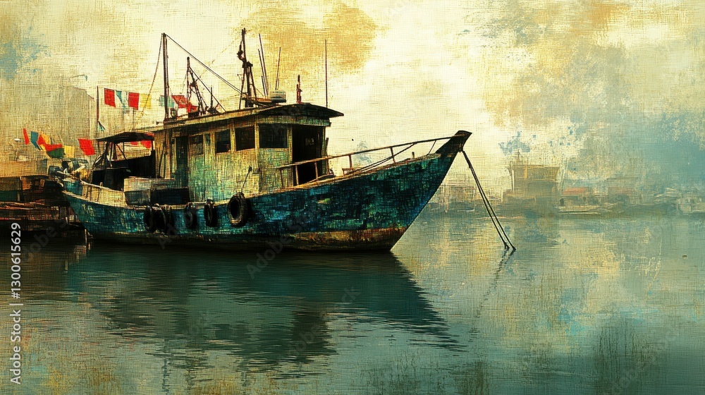 Rustic Vessels at Anchor in Overcast Harbor Scene Rustic Vessels at Anchor in Overcast Harbor Scene