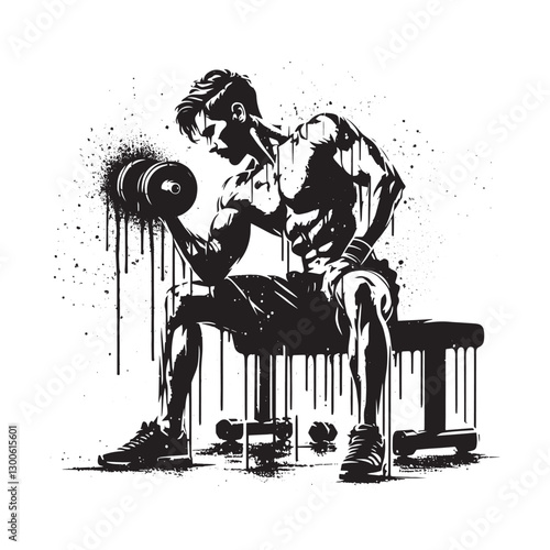 Dynamic monochromatic portrait of a bodybuilder lifting dumbbell