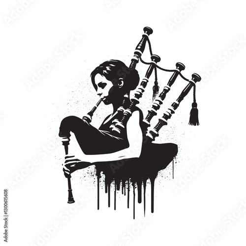 Monochromatic interpretation of a bagpiper woman with abstract e
