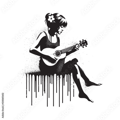 Serene Ukulele Player Black and White Stencil Art for Creative P