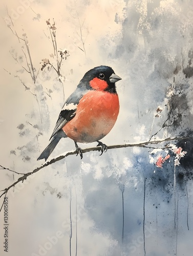 robin in snow on a branch, waterpainted, abstract art