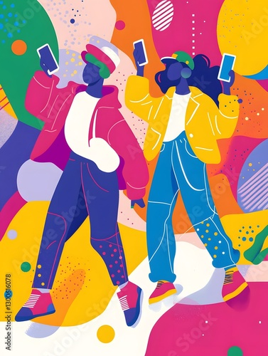 Abstract colorful art of happy people celebrating life and holding their phone, AI Generated