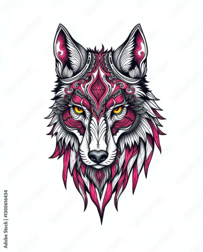 Obraz premium Intricate wolf design in tattoo style with vibrant colors and detailed patterns on a white background. Generative AI