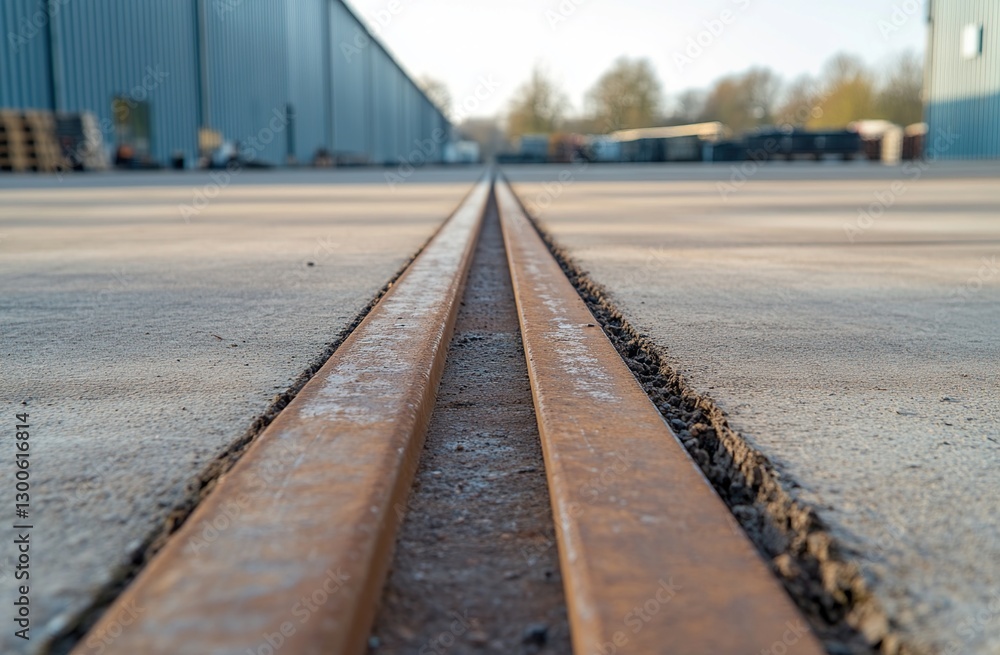 Rusty Metal Rails Embedded in Concrete Floor at an Industrial Site Rusty Metal Rails Embedded in Concrete Floor at an Industrial Site