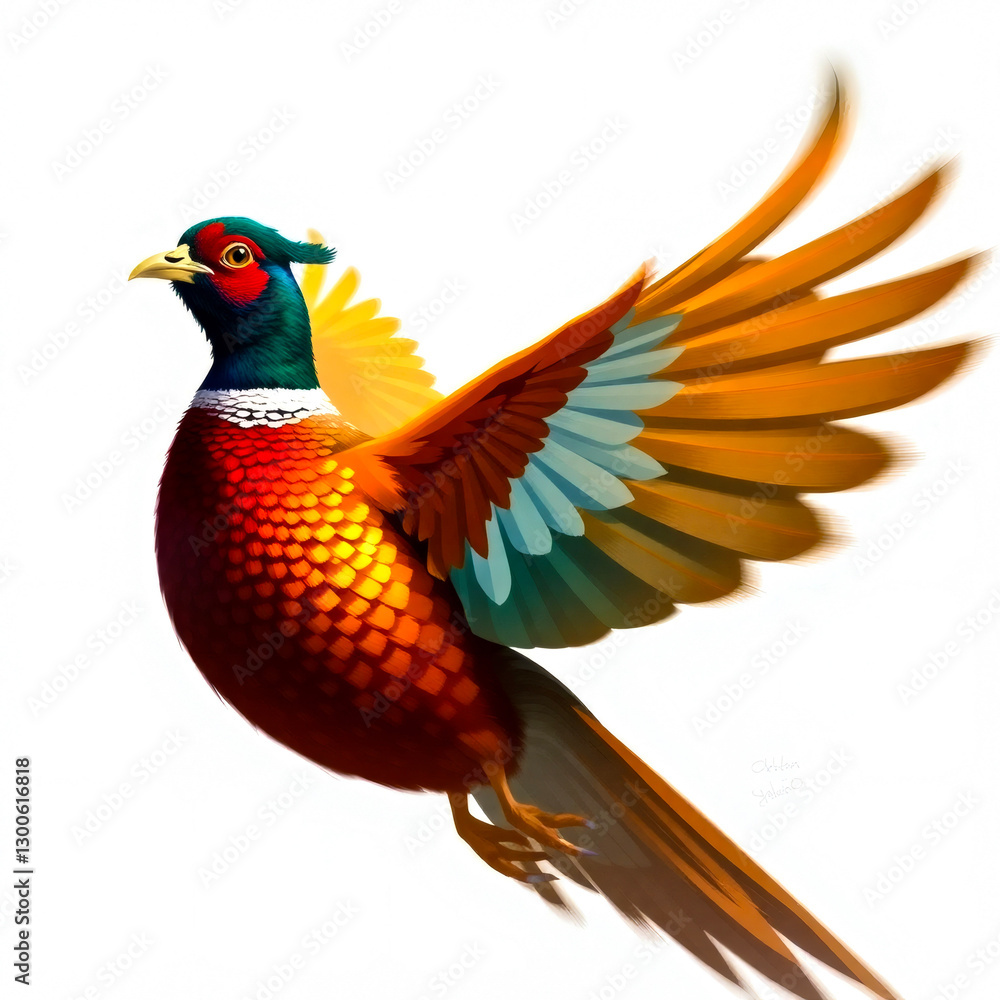 Colorful pheasant in flight, showing bright feathers on a white background. Generative ai Colorful pheasant in flight, showing bright feathers on a white background. Generative ai