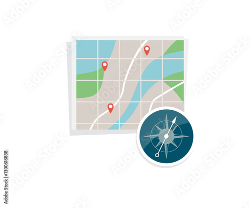 Flat map with red pins and compass on white background.