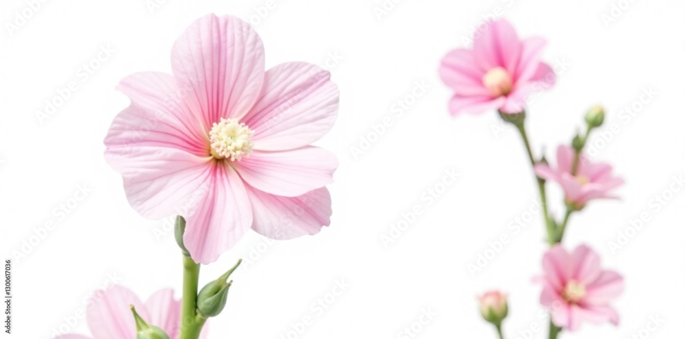 Tall stem of pink hollyhock flower isolated on white background, pink flowers, plant, garden Tall stem of pink hollyhock flower isolated on white background, pink flowers, plant, garden