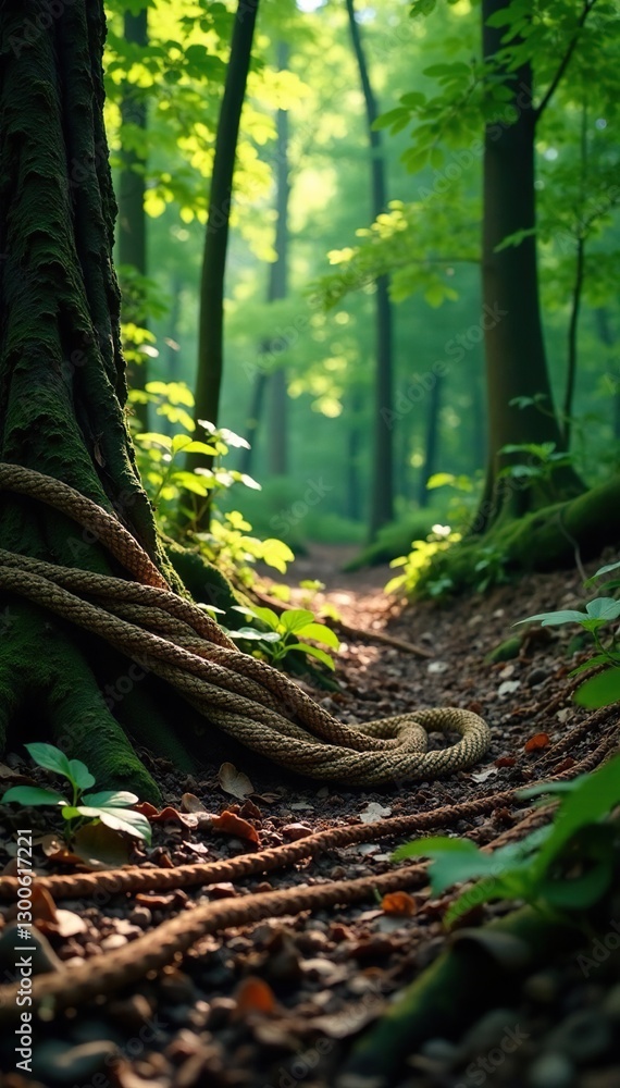 Fototapeta premium Tangled mass of ropes and vines on the forest floor, forest floor, ropes, nature