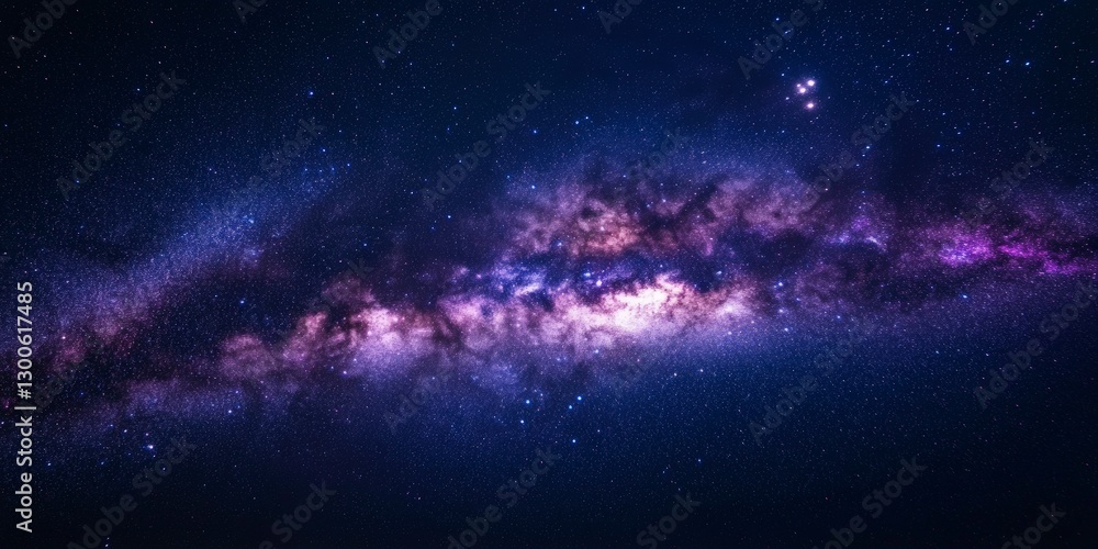 Fototapeta premium mesmerizing view of the Milky Way galaxy, at night from Earth's surface. The purple and blue hues in space, A deep black sky background adds depth to the cosmic beauty