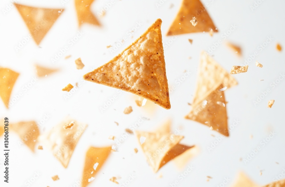 Golden Tortilla Chips Falling on White Background Golden Tortilla Chips Falling on White Background