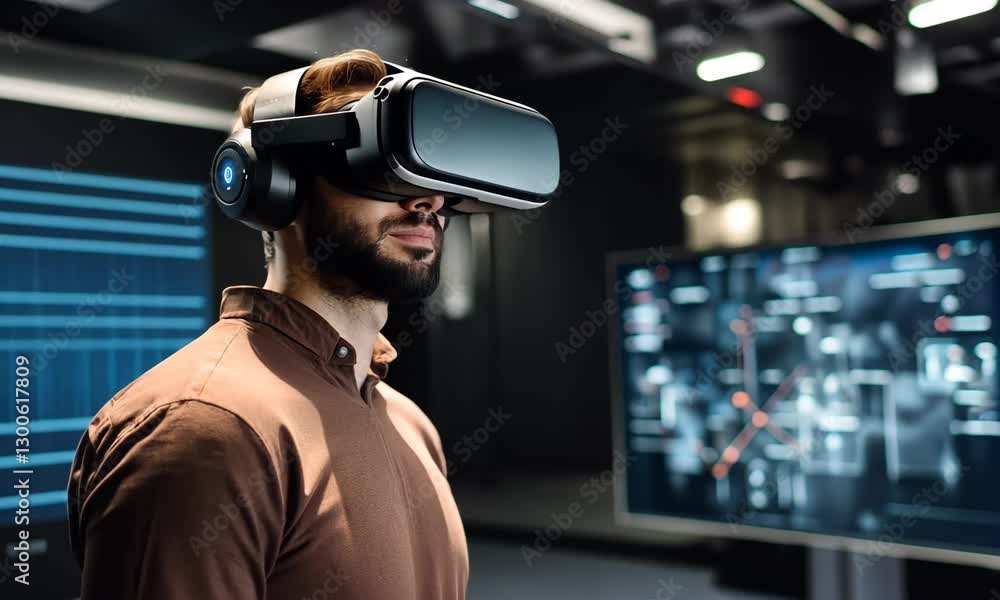 Man Engaged in Virtual Reality Experience with Headset in a Modern Technological Environment Man Engaged in Virtual Reality Experience with Headset in a Modern Technological Environment