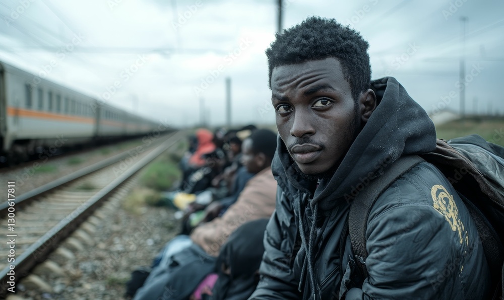 Young man stares intensely waiting beside railway tracks. Young man stares intensely waiting beside railway tracks.