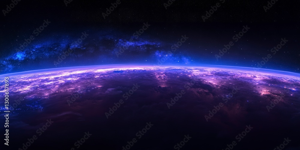 Obraz premium mesmerizing view of the Milky Way galaxy, at night from Earth's surface. The purple and blue hues in space, A deep black sky background adds depth to the cosmic beauty