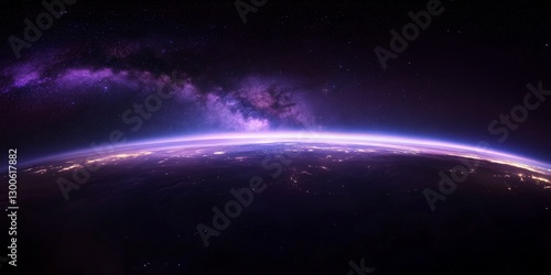 mesmerizing view of the Milky Way galaxy, at night from Earth's surface. The purple and blue hues in space, A deep black sky background adds depth to the cosmic beauty