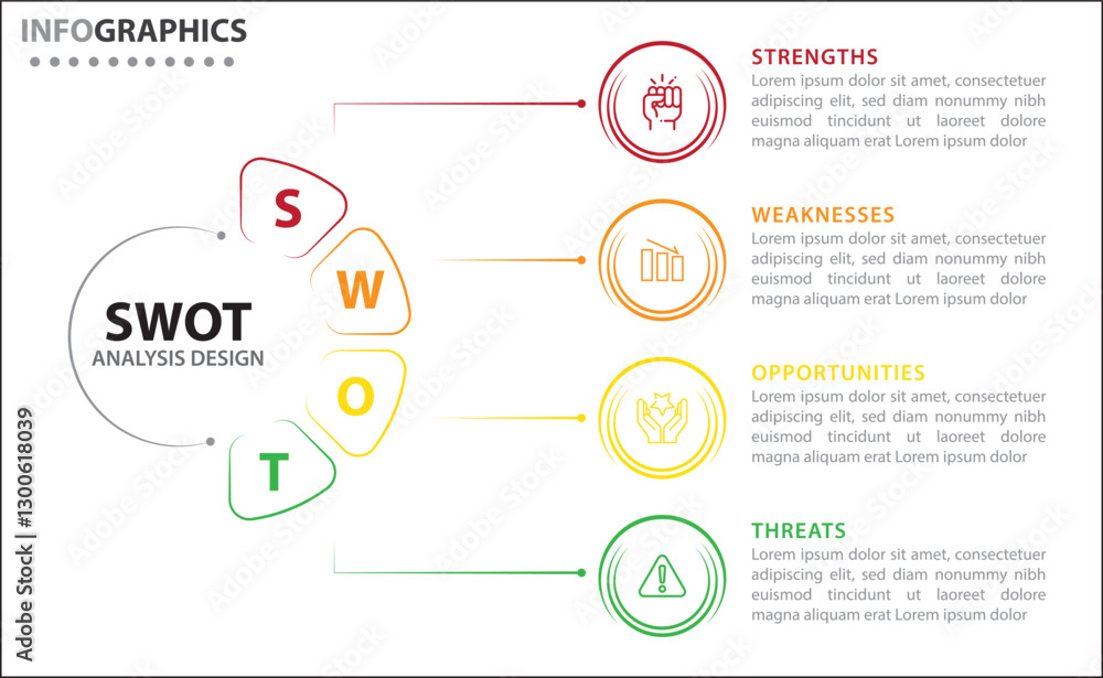 Fototapeta premium SWOT analysis infographic. Vector illustration for strategic business planning. Comparison chart. Advantages and Disadvantages of company. Infographic design template. Vector illustration. SWOT chart