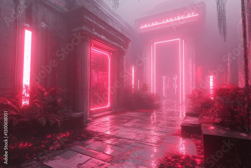 Neon lights illuminate a misty pathway in an ancient structure during nighttime exploration photo