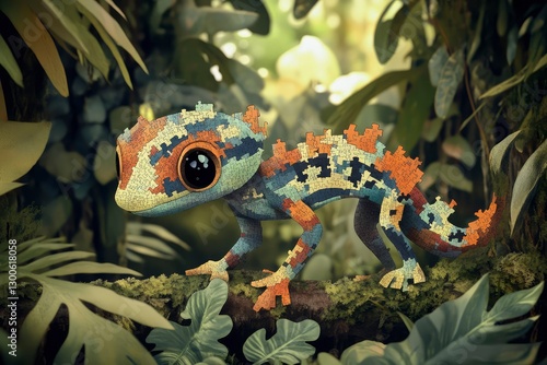 cartoon gecko character walking in the forrest, adventuretime cartoon artsty made entirely of puzzle pieces movingt photo