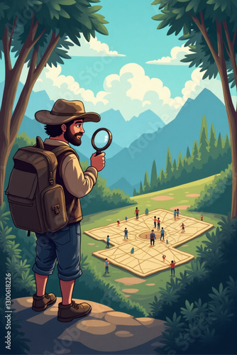 Exploring Unknown Territory: Adventurer Using Magnifying Glass to Locate Destinations on City Map