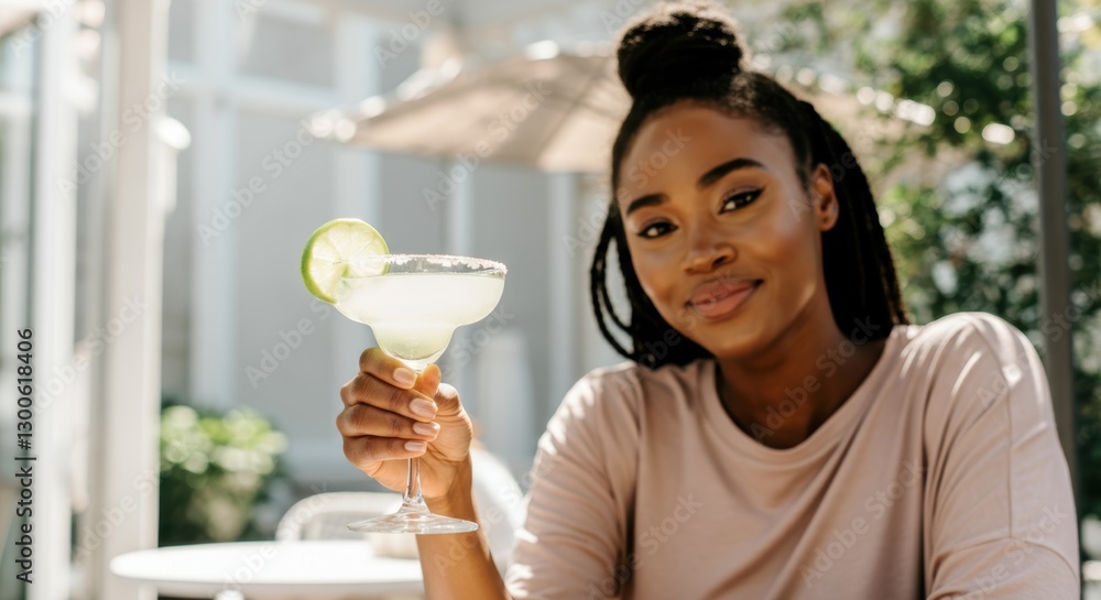 Young african female enjoying a margarita outdoors on a sunny day Young african female enjoying a margarita outdoors on a sunny day