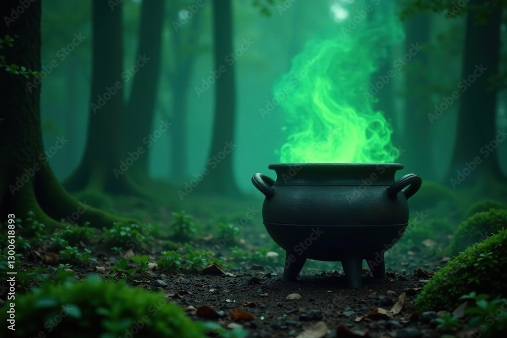 Ancient wooden cauldron emitting a toxic green glow in the heart of a dark forest, cauldron, misty, atmospheric Ancient wooden cauldron emitting a toxic green glow in the heart of a dark forest, cauldron, misty, atmospheric