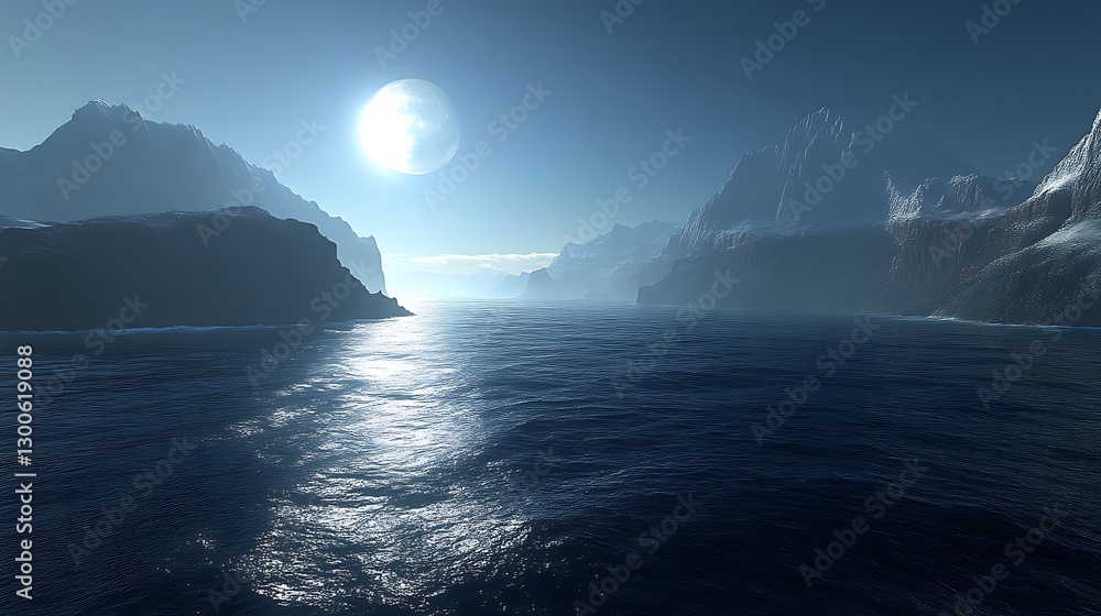 Naklejka premium Serene Moonlit Ocean Between Majestic Mountains