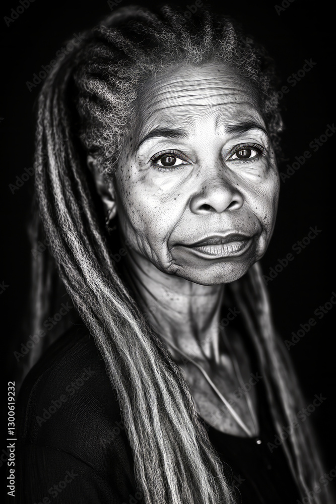 Fototapeta premium Black and white portrait of confident senior woman with dreadlocks showing wisdom and strength